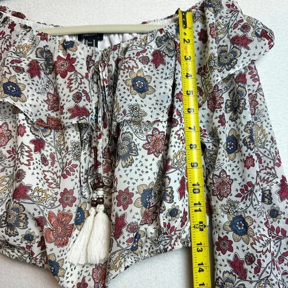 F21 Boho Crop Ruffle Blouse Off Shoulder Top Size Medium Floral Cottage Western - Picture 7 of 11